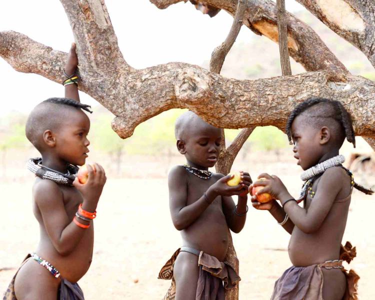 Himba - Unser Guide hat Obst als Gastgeschenk mitgebracht.